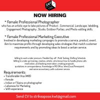 URGENT HIRING Female Marketing executive AND Female Photographer